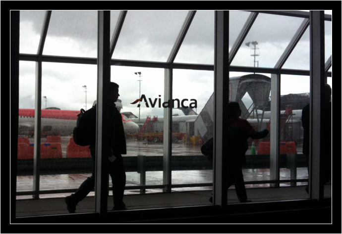 Waiting for our flight in Bogota, Colombia